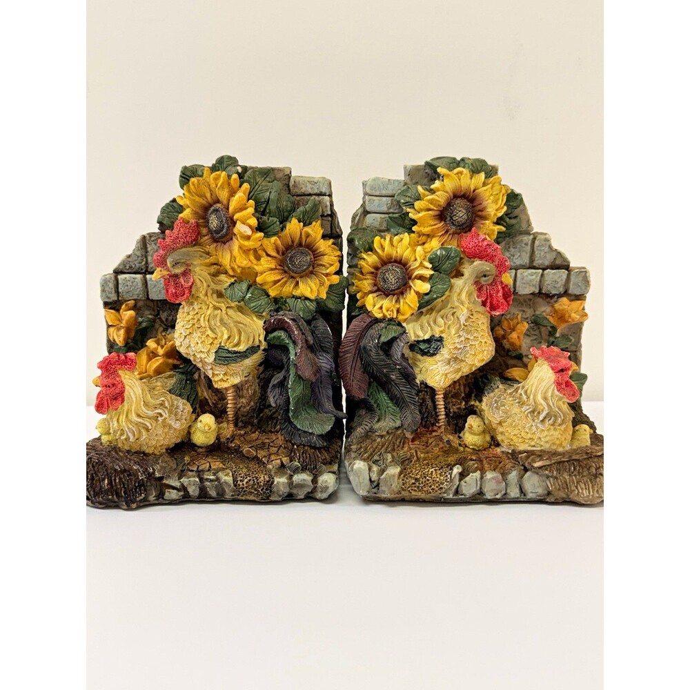 Rooster & Hen Sunflower Farmhouse Resin Bookends Pair 6 in Anti-Slip Multicolor